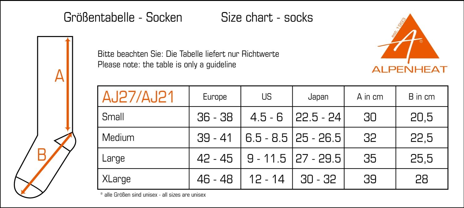 size chart socks alpenheat